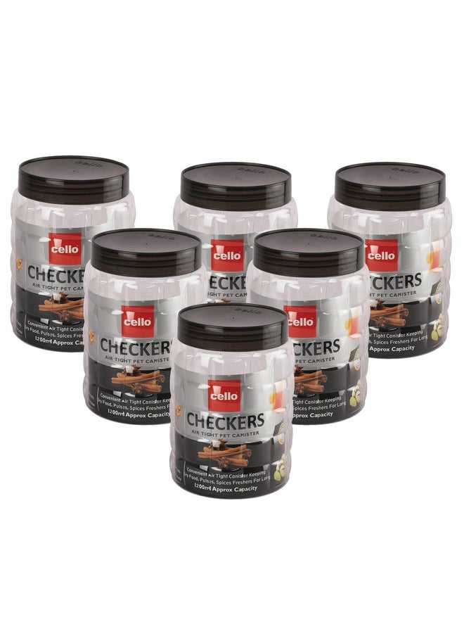 CELLO Checkers Pet Plastic Airtight Canister Set of 6, 1200ml, Grey | Food grade and BPA free canisters | Durable & Shatterproof Body |Air tight seal & Stackable