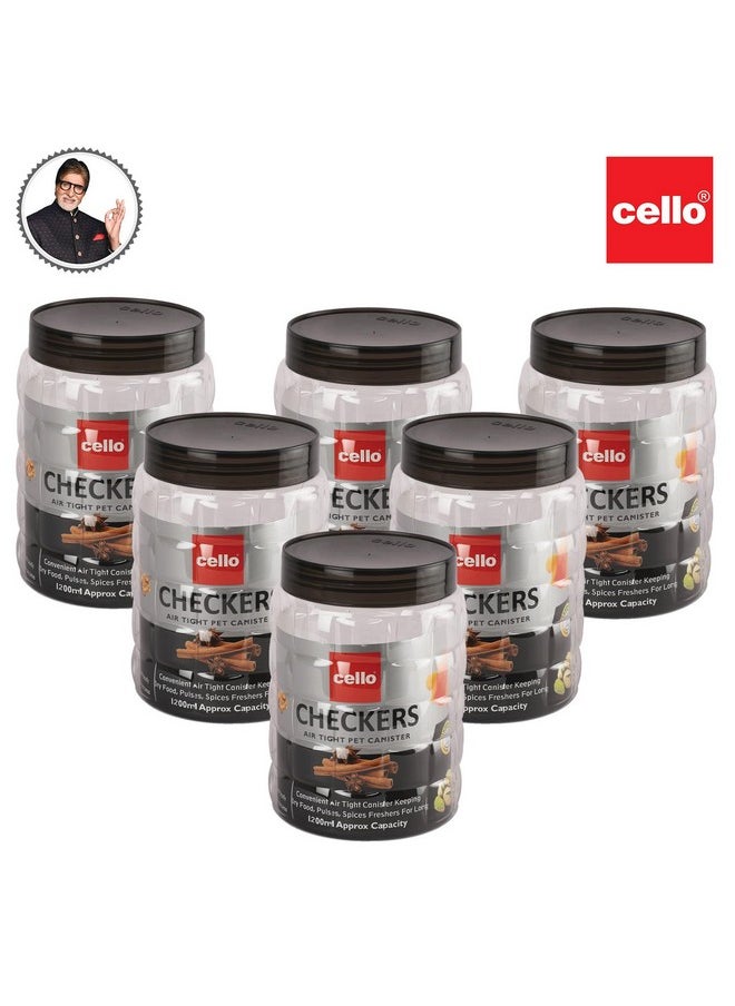 CELLO Checkers Pet Plastic Airtight Canister Set of 6, 1200ml, Grey | Food grade and BPA free canisters | Durable & Shatterproof Body |Air tight seal & Stackable