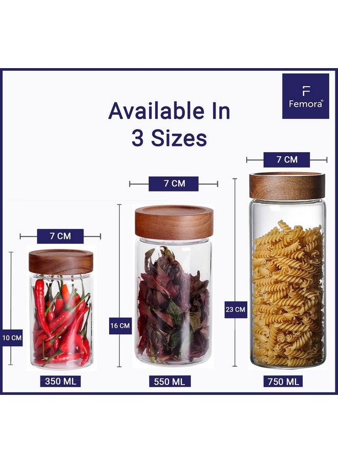 Femora Kitchen Storage Jars Borosilicate Glass With Wooden Lid Air Tight Jar, 550 Ml, Pack Of 6, Transparent