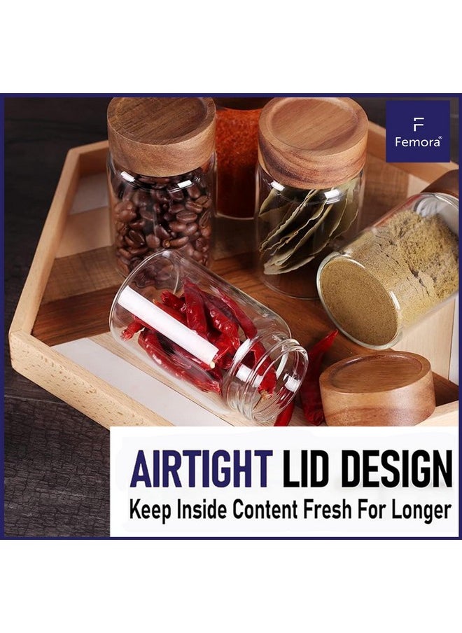 Femora Kitchen Storage Jars Borosilicate Glass With Wooden Lid Air Tight Jar, 550 Ml, Pack Of 6, Transparent