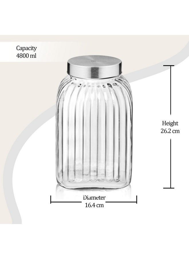 Treo By Milton Bruno Storage Container, Glass Jar with Air Tight Steel Lid, 4800 ml, 1 Piece, Transparent Jar for Snacks, Pulses, Masala, Pickles, Cereals, Cookies, Dry Food