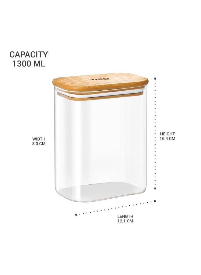 Treo By Milton Recto Kitchen Storage Jar with Airtight Wooden Lid, 1300ml, Borosilicate Glass Container, Transparent, Microwave & Refrigerator Safe Canister for Coffee Tea Sugar Spice Cookies Flour