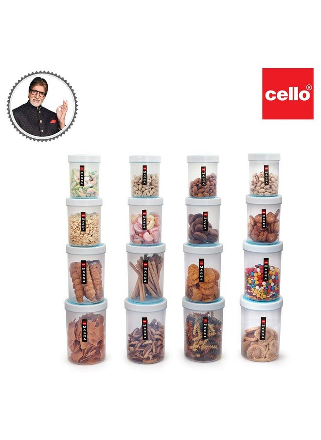 CELLO Plastic Magna Container Set of 16 (500ml x 4, 750ml x4, 1000ml x 4, 1700ml x 4) Blue and White | Plastic Container Set for Kitchen | Storage Jars for Grains, Pulses, Condiments, Snack