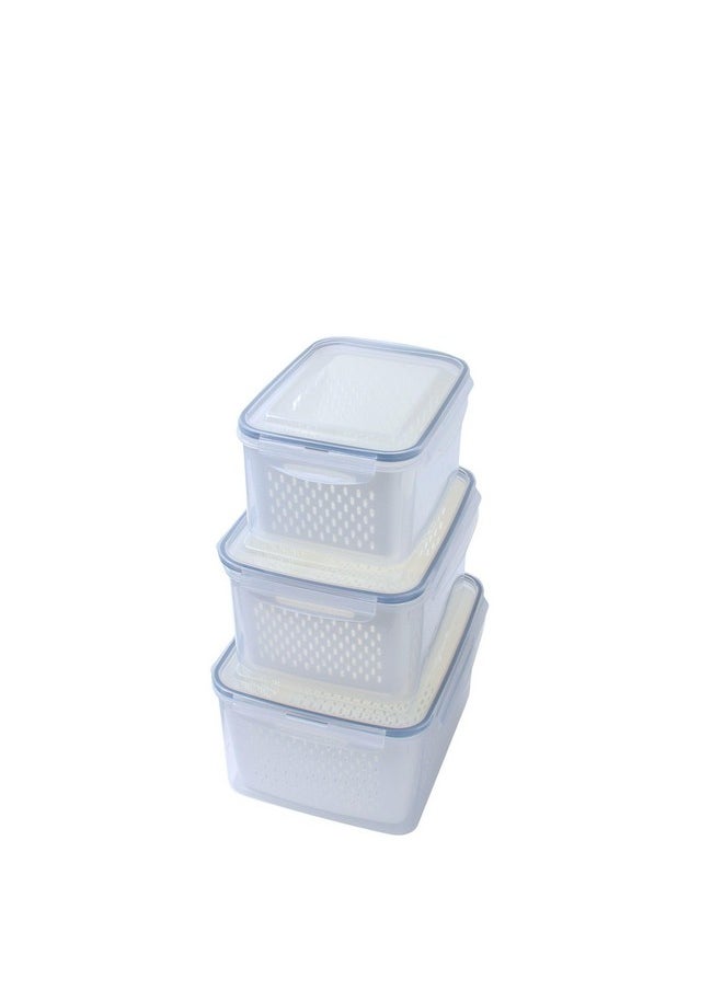 Kuber Industries (Pack of 3) Food Containers | Storage Box for Fridge | Vegetable Fruit Boxes | Refrigerator Storage Box | Containers With Airtight Lid | Strainer Basket | HXP00284 | Transparent