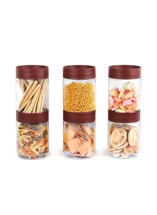 CELLO Modustack Stackable Container Set | PET Plastic Jar with Air Tight Lid | For Storage of Food, Pulses, Spice, Cereals, Cookies, Dry Food | 1500ml | Set of 6, Maroon