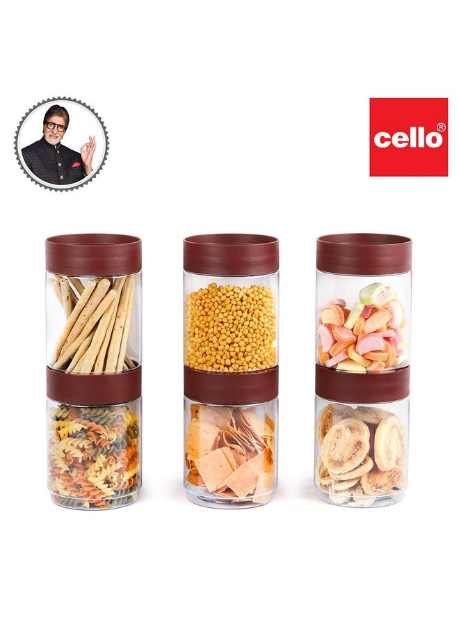 CELLO Modustack Stackable Container Set | PET Plastic Jar with Air Tight Lid | For Storage of Food, Pulses, Spice, Cereals, Cookies, Dry Food | 1500ml | Set of 6, Maroon