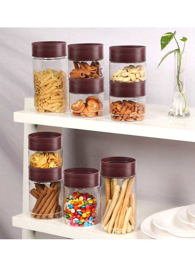 CELLO Modustack Stackable Container Set | PET Plastic Jar with Air Tight Lid | For Storage of Food, Pulses, Spice, Cereals, Cookies, Dry Food | 1500ml | Set of 6, Maroon