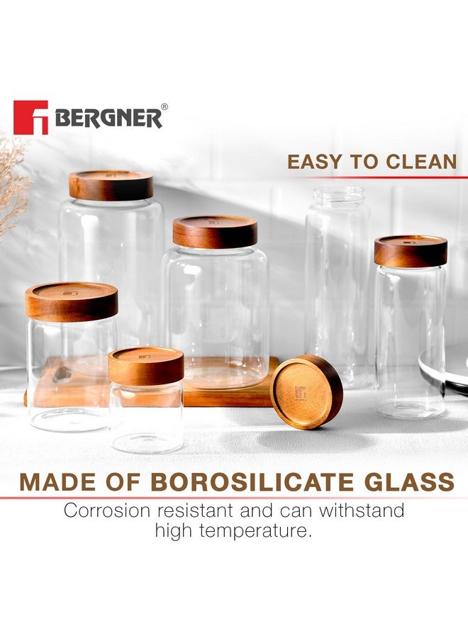 Bergner Acadia Borosilicate Glass Jars with Solid Wood Lid, Set of 2 Jars, 200ml Each, For Storing and Preserving Sugar, Flour, Tea, Coffee, Spices, Biscuits, Oats | Multipurpose Container for Kitchen