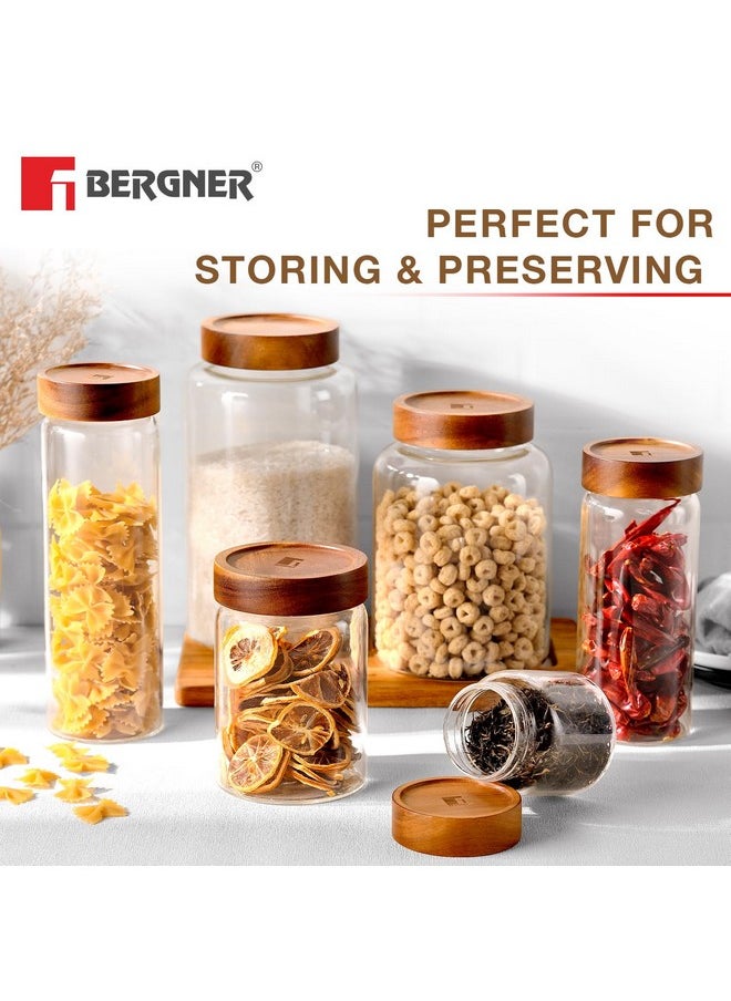 Bergner Acadia Borosilicate Glass Jars with Solid Wood Lid, Set of 2 Jars, 200ml Each, For Storing and Preserving Sugar, Flour, Tea, Coffee, Spices, Biscuits, Oats | Multipurpose Container for Kitchen