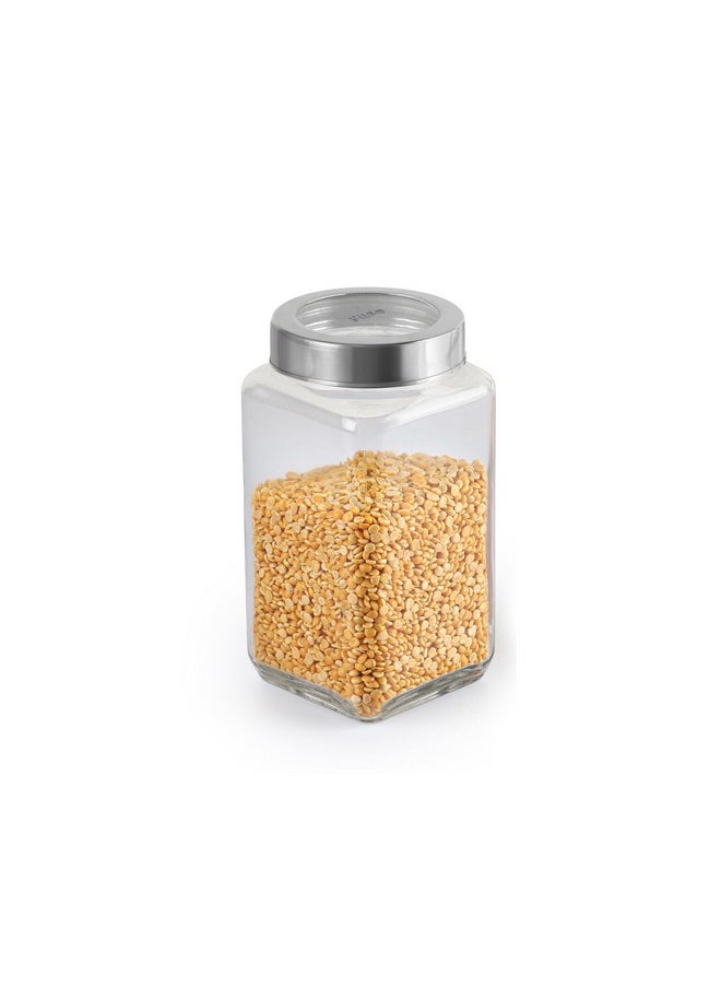 CELLO Qube Fresh Glass Storage Jar | Container with Air tight Silver Metal Lid | Multipurpose Jar | For Storage of Food, Pulses, Spice, Cereals, Cookies, Dry Food | 1000ml, Clear