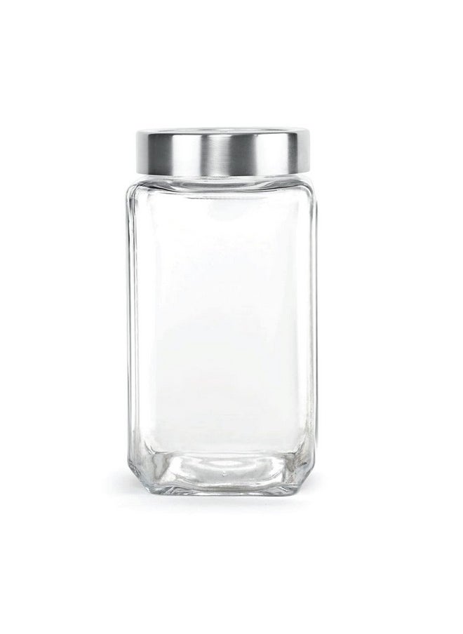 CELLO Qube Fresh Glass Storage Jar | Container with Air tight Silver Metal Lid | Multipurpose Jar | For Storage of Food, Pulses, Spice, Cereals, Cookies, Dry Food | 1000ml, Clear