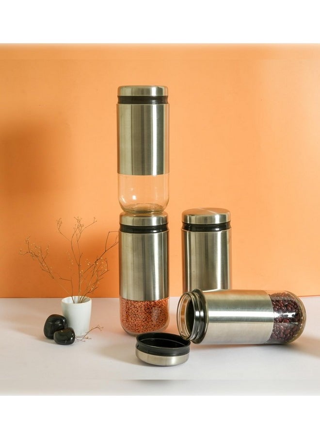 Femora Kitchen Storage Jars Steel Body With See Through Bottom Jar, 900 ML, Pack of 4