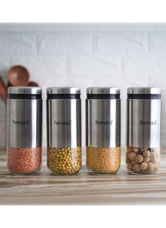 Femora Kitchen Storage Jars Steel Body With See Through Bottom Jar, 900 ML, Pack of 4