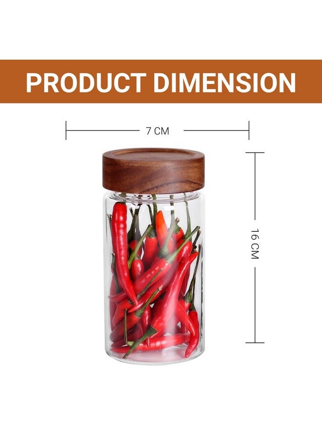 Femora Borosilicate Glass Screw Jar With Wooden Lid, 550 Ml, (Set Of 2, Brown)