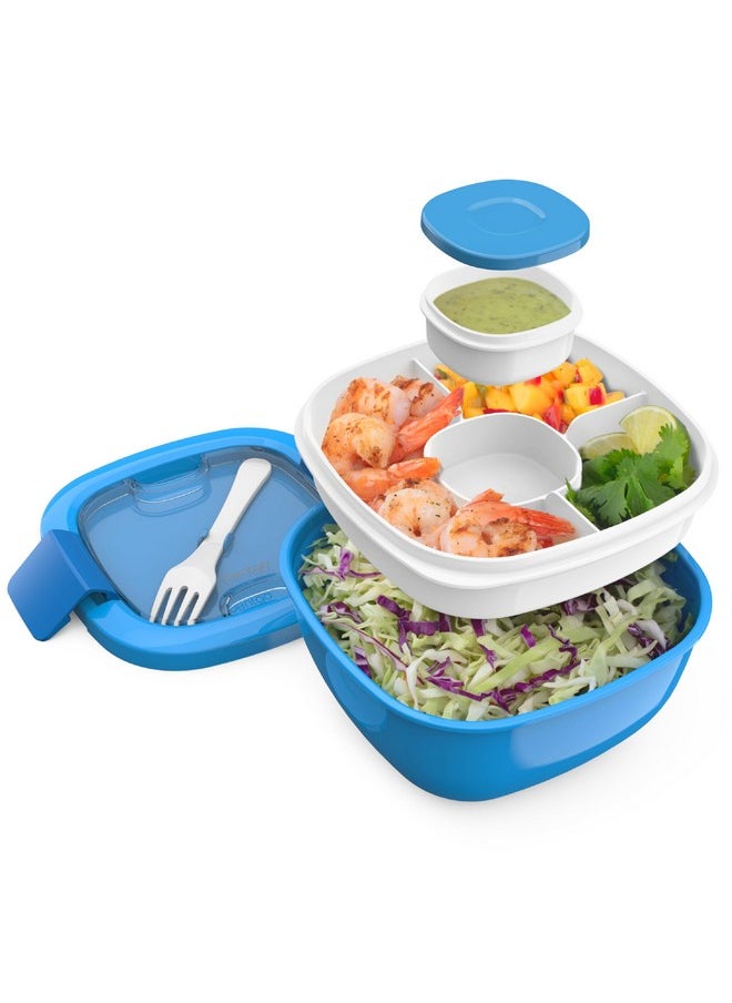 Bentgo All-in-One Salad Container - Large Salad Bowl, Bento Box Tray, Leak-Proof Sauce Container, Airtight Lid, & Fork for Healthy Adult Lunches; BPA-Free & Dishwasher/Microwave Safe (Blue)