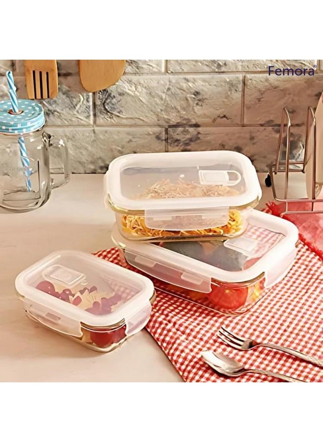 Femora Borosilicate Rectangular Glass Food Storage Container With Air Vent Lid-Set Of 3 Pcs - (140 ml, 400ml, 620 ml), 1 Year Free Lid Replacement.