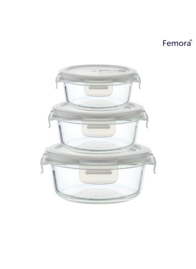 Femora Borosilicate Glass Microwave Safe Round Food Storage Container with Air Vent Lid, 380ml, 580ml, 940ml, Set of 3, One Year Free Replacement