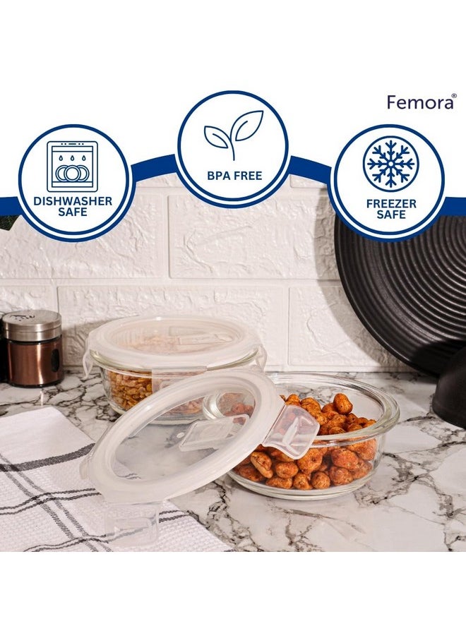 Femora Borosilicate Glass Microwave Safe Round Food Storage Container with Air Vent Lid, 380ml, 580ml, 940ml, Set of 3, One Year Free Replacement