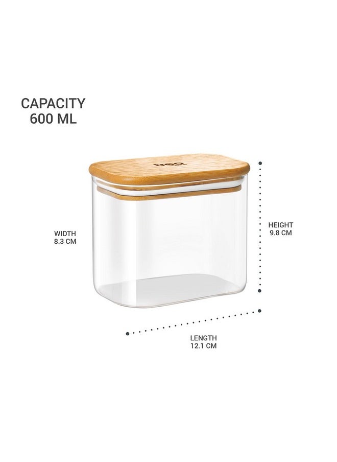 Treo By Milton Recto Kitchen Storage Jar with Airtight Wooden Lid, 600ml, Borosilicate Glass Container, Transparent, Microwave & Refrigerator Safe Canister for Coffee, Tea, Sugar, Spice, Cookies