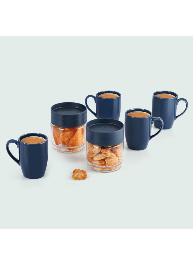 CELLO Midori Gift Set | Storage Jar With Stylish Mugs | Airtight Jar & Wide Mouth | Dishwasher Safe | 6 Unit, Midnight Blue