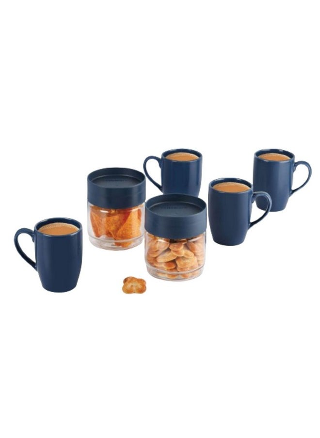 CELLO Midori Gift Set | Storage Jar With Stylish Mugs | Airtight Jar & Wide Mouth | Dishwasher Safe | 6 Unit, Midnight Blue