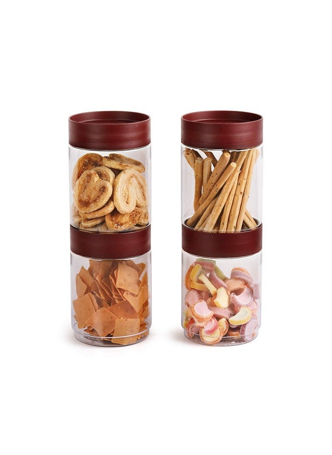 CELLO Modustack Stackable Container Set | PET Plastic Jar with Air Tight Lid | For Storage of Food, Pulses, Spice, Cereals, Cookies, Dry Food | 1500ml | Set of 4, Maroon