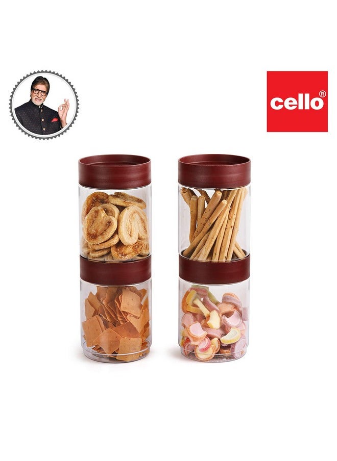 CELLO Modustack Stackable Container Set | PET Plastic Jar with Air Tight Lid | For Storage of Food, Pulses, Spice, Cereals, Cookies, Dry Food | 1500ml | Set of 4, Maroon