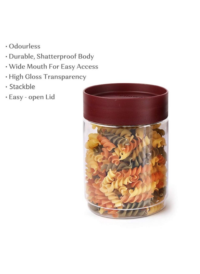 CELLO Modustack Stackable Container Set | PET Plastic Jar with Air Tight Lid | For Storage of Food, Pulses, Spice, Cereals, Cookies, Dry Food | 1500ml | Set of 4, Maroon