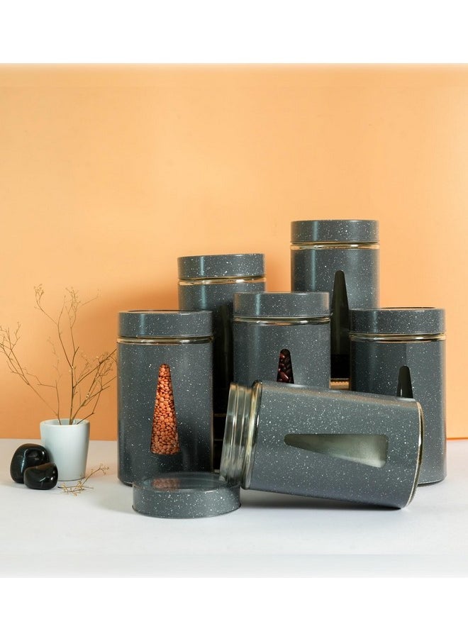 Femora Kitchen Storage Jars Carbon Steel Body With See Through Window Jar, 1000 Ml, Pack Of 6 - Grey