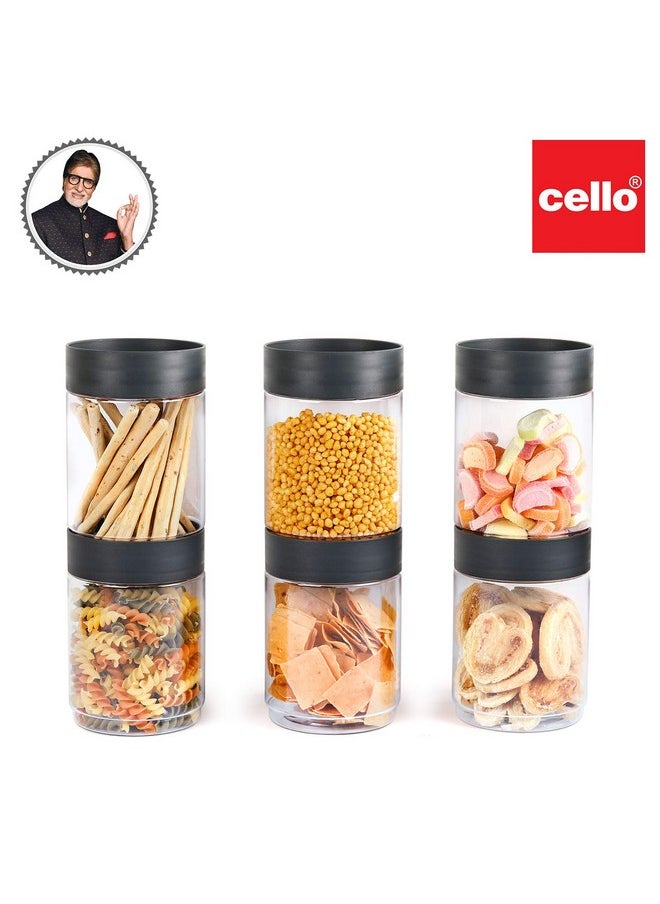 CELLO Modustack Stackable Container Set | PET Plastic Jar with Air Tight Lid | For Storage of Food, Pulses, Spice, Cereals, Cookies, Dry Food | 1500ml | Set of 6, Grey