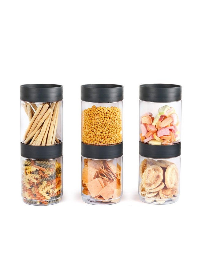 CELLO Modustack Stackable Container Set | PET Plastic Jar with Air Tight Lid | For Storage of Food, Pulses, Spice, Cereals, Cookies, Dry Food | 1500ml | Set of 6, Grey