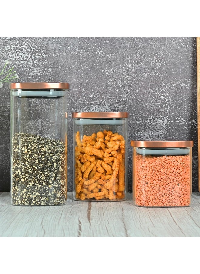 Femora Borosilicate Glass Square Jar, Kitchen Storage Jar, Airtight Steel Lid, 1500 ML, Pack of 4