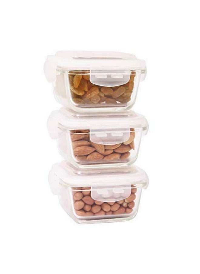 Femora Borosilicate Glass Mini Food Storage Air-Tight Container, Square, 180 ML, Set of 3