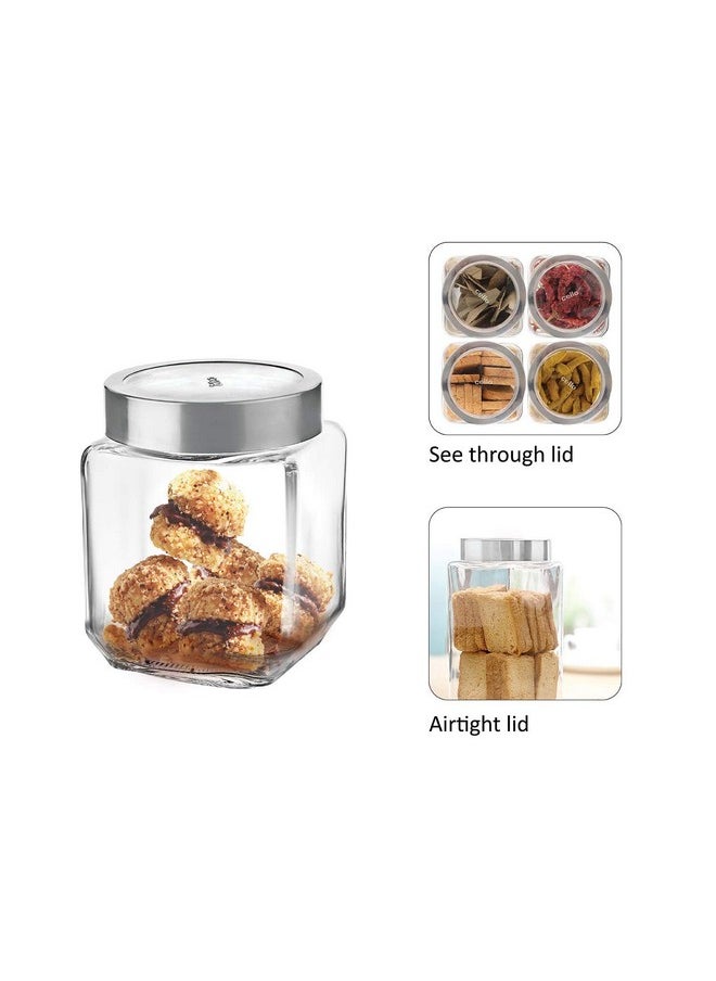 CELLO Qube Fresh Glass Storage Jar | Container with Air tight Silver Metal Lid | Multipurpose Jar | For Storage of Food, Pulses, Spice, Cereals, Cookies, Dry Food | Set of 2, 580ml, Clear