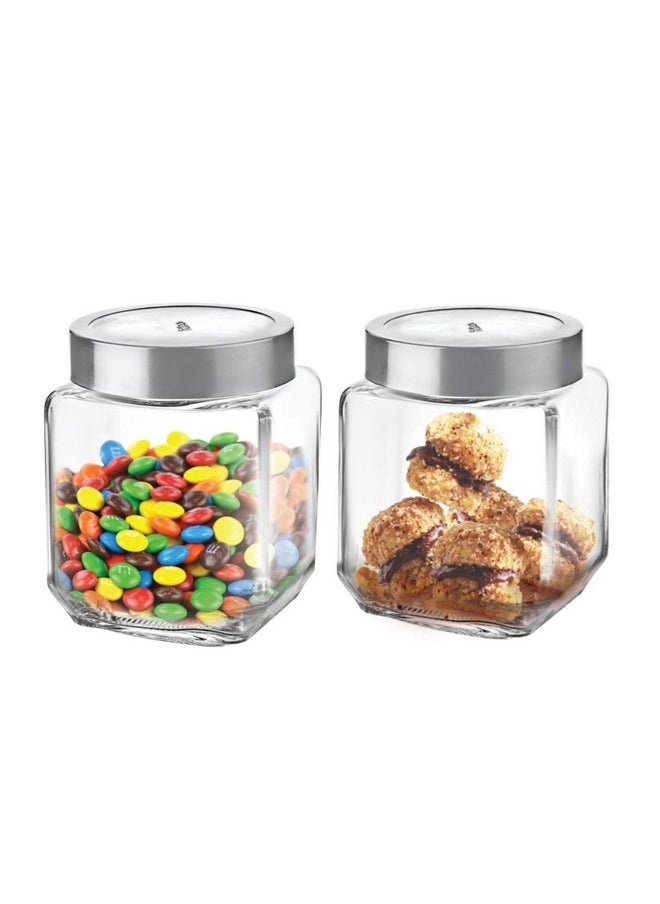 CELLO Qube Fresh Glass Storage Jar | Container with Air tight Silver Metal Lid | Multipurpose Jar | For Storage of Food, Pulses, Spice, Cereals, Cookies, Dry Food | Set of 2, 580ml, Clear