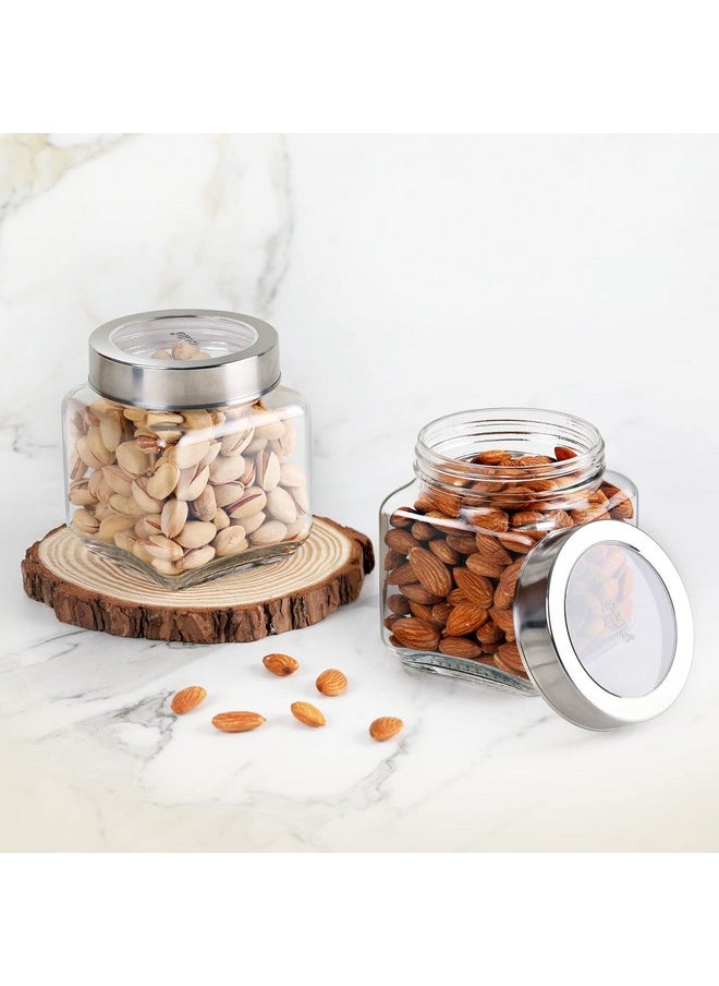 CELLO Qube Fresh Glass Storage Jar | Container with Air tight Silver Metal Lid | Multipurpose Jar | For Storage of Food, Pulses, Spice, Cereals, Cookies, Dry Food | Set of 2, 580ml, Clear