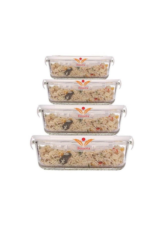 Femora Borosilicate Glass Food Storage Container with Air Vent Lid, Rectangular, 140 ML, 400 ML, 620 ML, 1000 ML, Set of 4