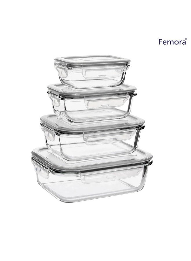 Femora Borosilicate Glass Food Storage Container with Air Vent Lid, Rectangular, 140 ML, 400 ML, 620 ML, 1000 ML, Set of 4