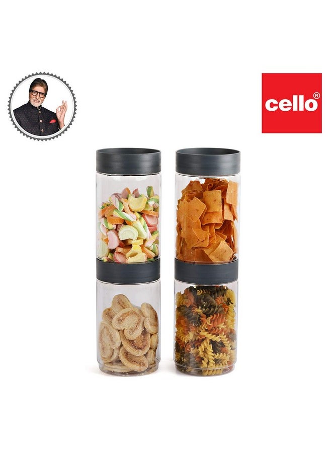 CELLO Modustack Stackable Container Set | PET Plastic Jar with Air Tight Lid | For Storage of Food, Pulses, Spice, Cereals, Cookies, Dry Food | 2000ml | Set of 4, Grey