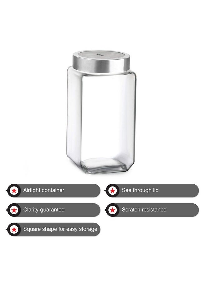 CELLO Qube Fresh Glass Storage Jar | Container with Air tight Silver Metal Lid | Multipurpose Jar | For Storage of Food, Pulses, Spice, Cereals, Cookies, Dry Food | 2250ml, Clear