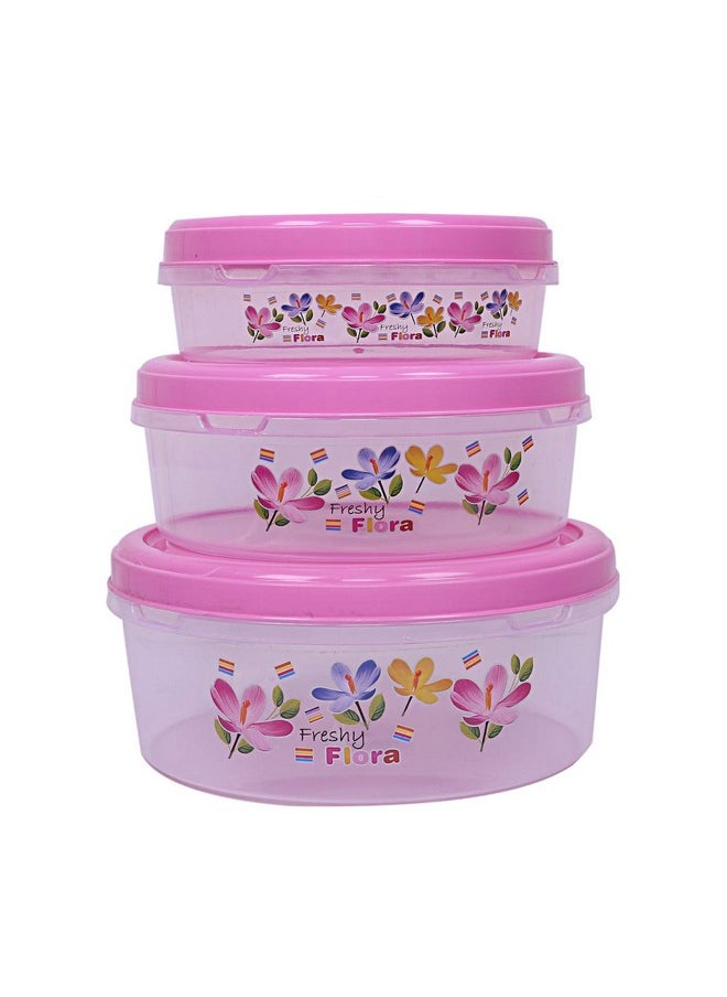 Kuber Industries Floral Design Plastic 3 Pieces Food Saver Container Set 1000, 2000 & 3000 ML (Pink)