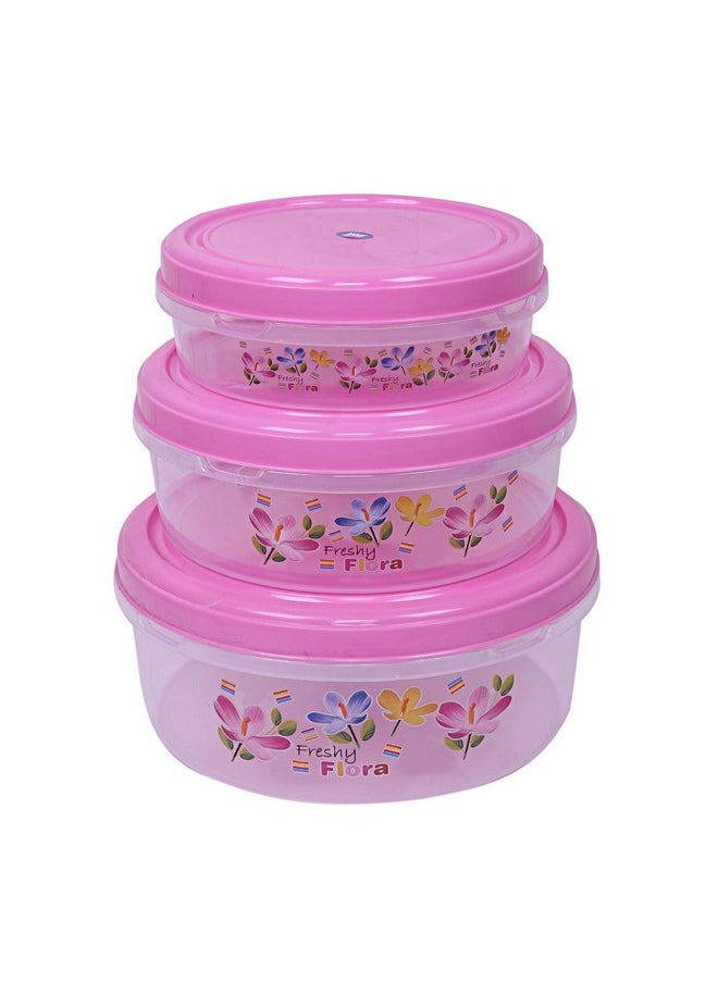 Kuber Industries Floral Design Plastic 3 Pieces Food Saver Container Set 1000, 2000 & 3000 ML (Pink)