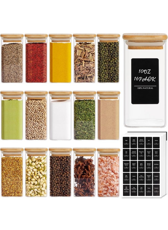 ComSaf 16Pcs Glass Spice Jars with Bamboo Lid, 10oz Airtight Square Containers with 275 Black Lables, Empty Seasoning Jars for Spice Salt Sugar