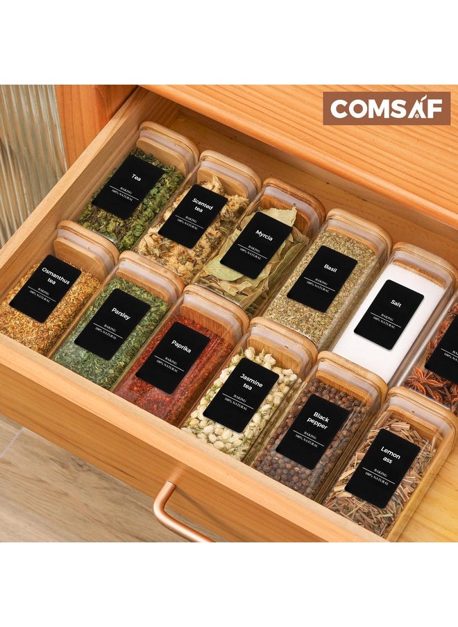 ComSaf 16Pcs Glass Spice Jars with Bamboo Lid, 10oz Airtight Square Containers with 275 Black Lables, Empty Seasoning Jars for Spice Salt Sugar