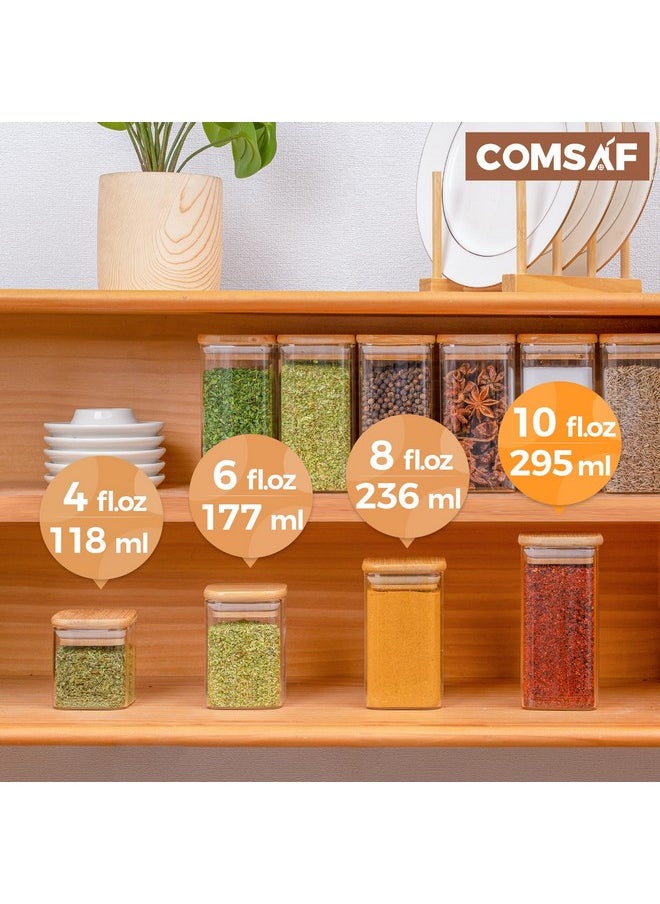 ComSaf 16Pcs Glass Spice Jars with Bamboo Lid, 10oz Airtight Square Containers with 275 Black Lables, Empty Seasoning Jars for Spice Salt Sugar
