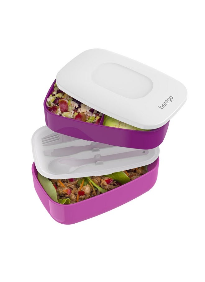 Bentgo Classic - Adult Bento Box, All-in-One Stackable Lunch Box Container with 3 Compartments, Plastic Utensils, and Nylon Sealing Strap, BPA Free Food Container (Purple)