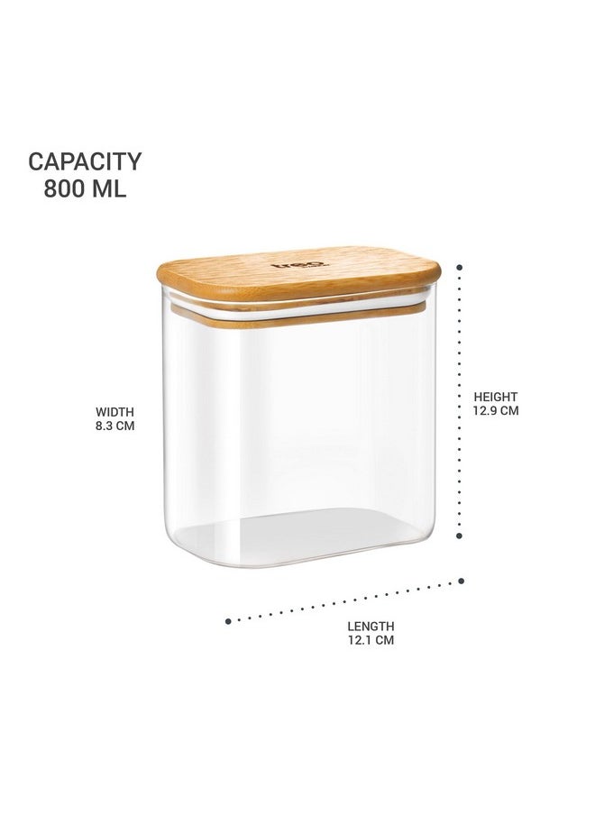 Treo By Milton Recto Kitchen Storage Jar with Airtight Wooden Lid, 800ml, Borosilicate Glass Container, Transparent, Microwave & Refrigerator Safe Canister for Coffee, Tea, Sugar, Spice, Cookies