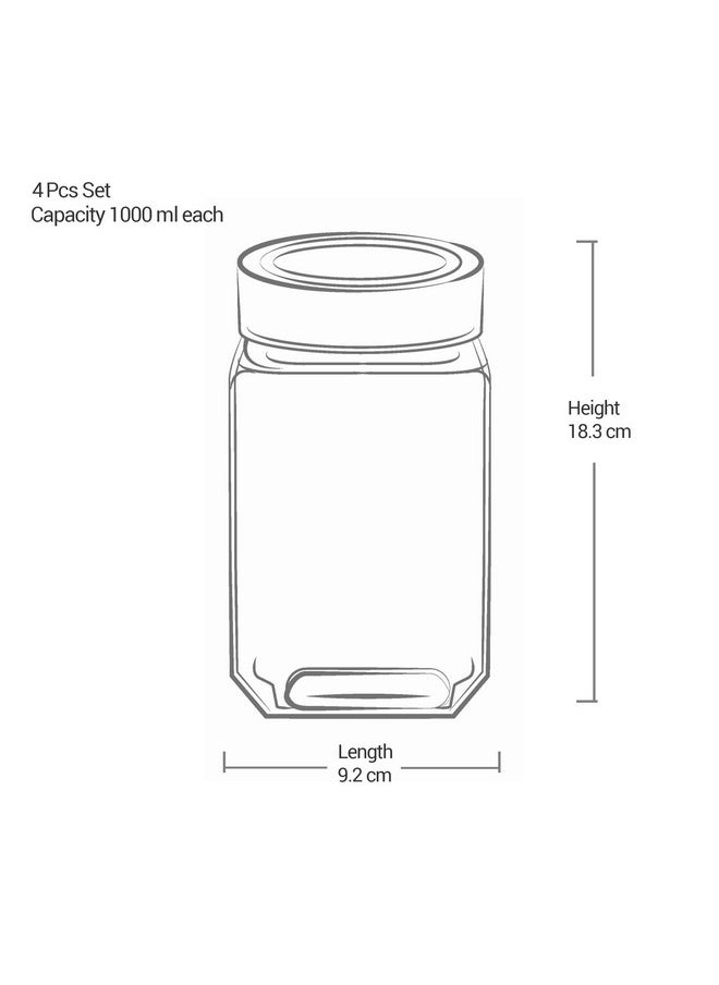 Treo By Milton Cube Storage Glass Jar, Set of 4, 1000 ml Each, Transparent | BPA Free | Storage Jar | Kitchen Organizer | Modular | Multipurpose Jar