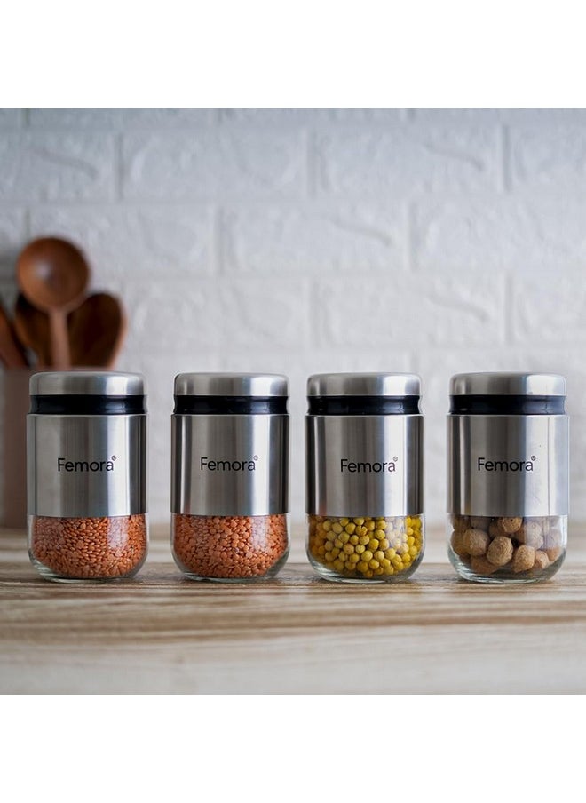 Femora Kitchen Storage Jars Steel Body With See Through Bottom Jar, 550 ML, Pack of 4