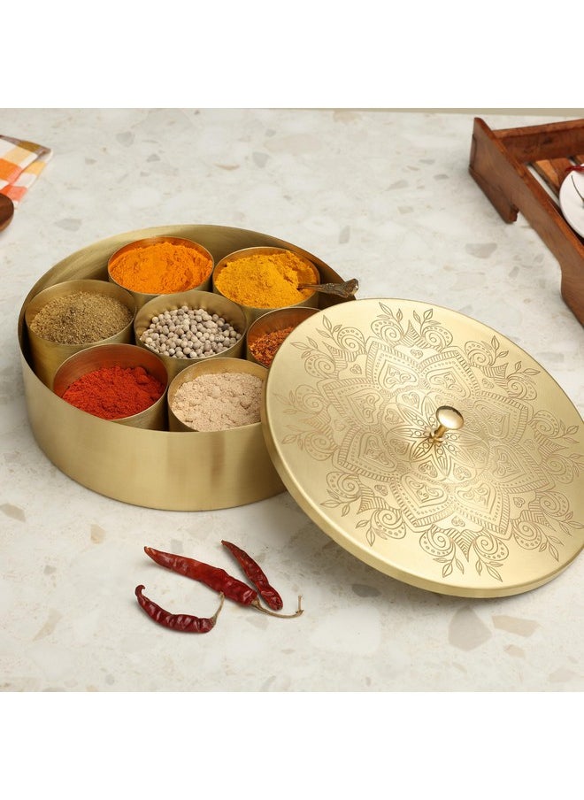 dudki Handicrafted Pure Brass Spice Box Masala Dabba Masaladani | Spice Box for Kitchen | Masala Dani with 7 Containers and a Small Spoon (Flower)